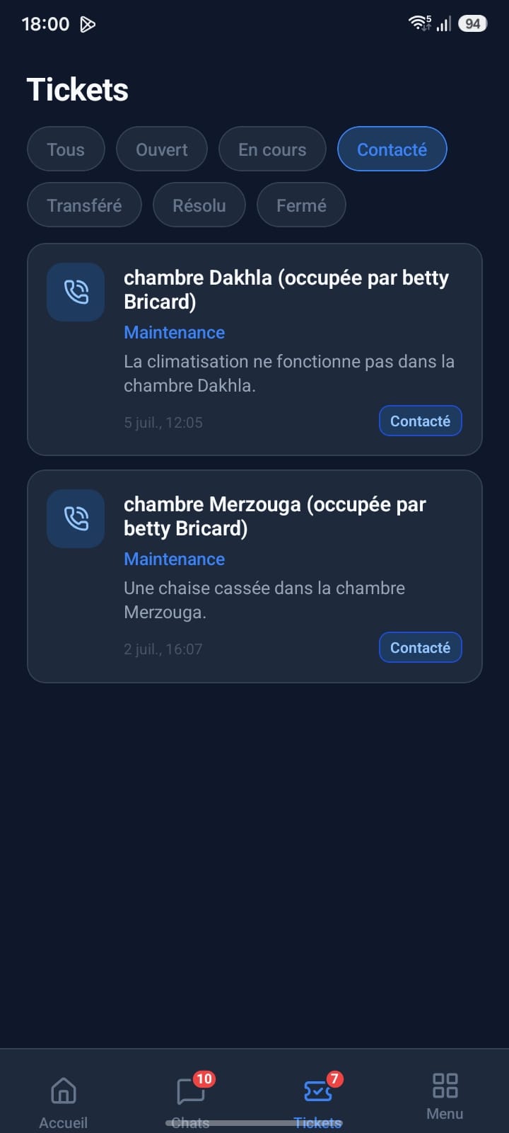 Liste des tickets filtrés par statut dans l'application équipe Oscar